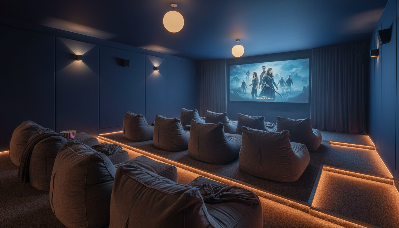 Home cinema room with large bean bag seating