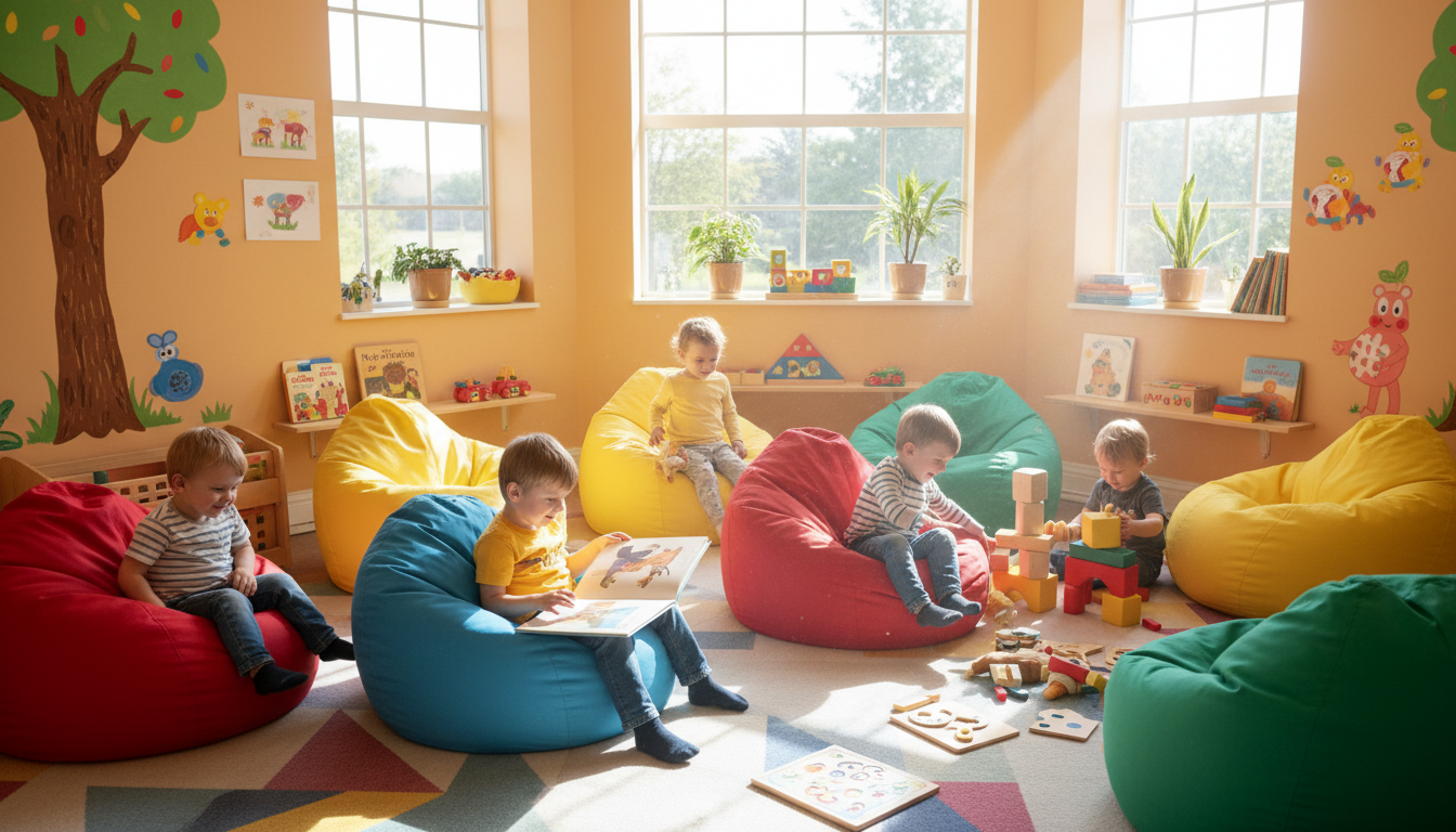 Kids playroom with colorful bean bags
