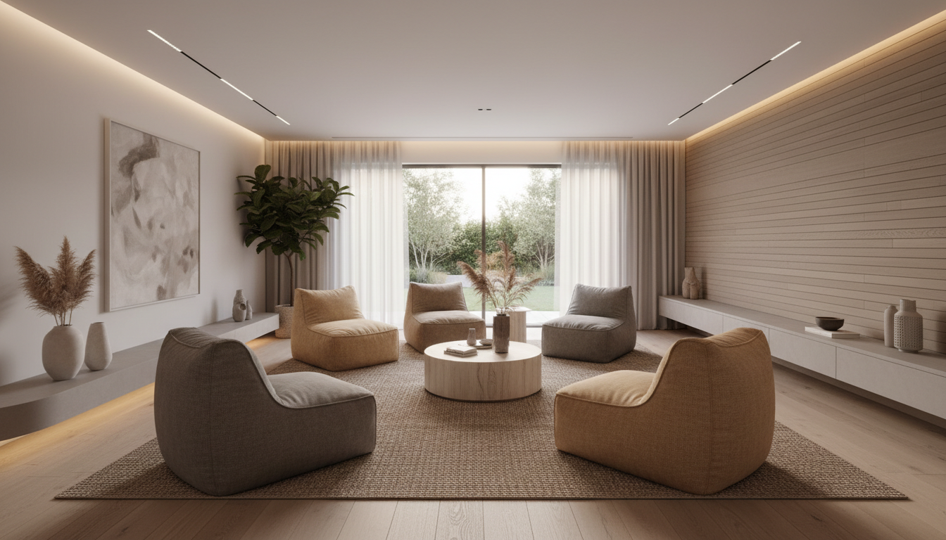 Modern lounge area featuring bean bag seating