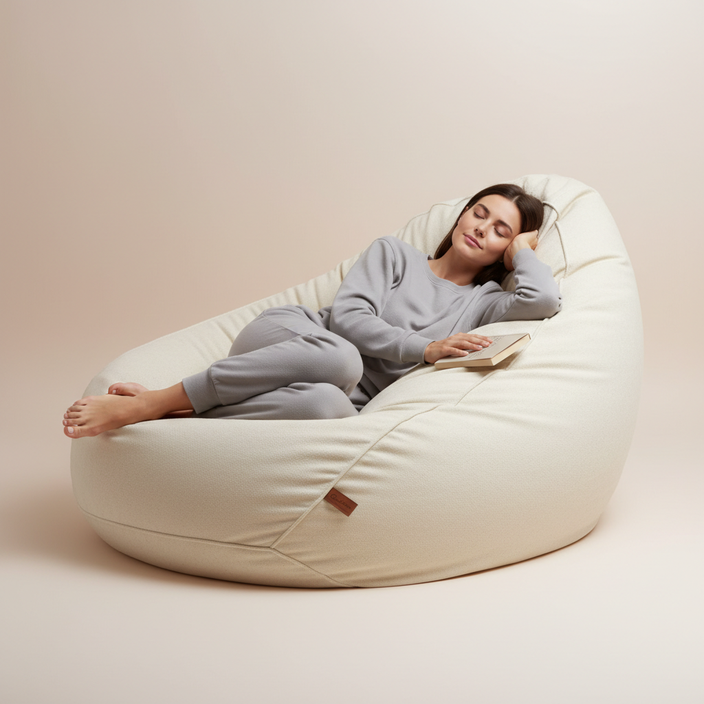 Cream bean bag with person seated