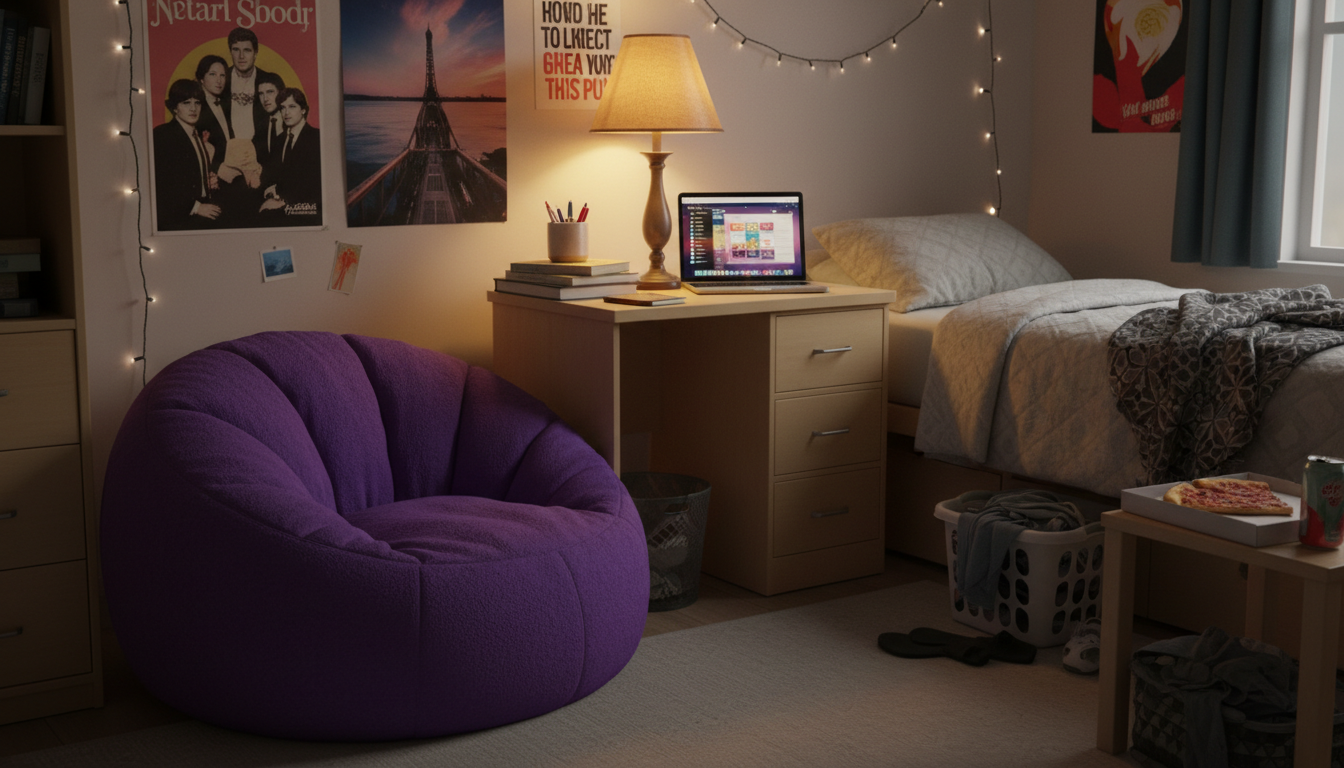 Student dorm room with compact bean bag